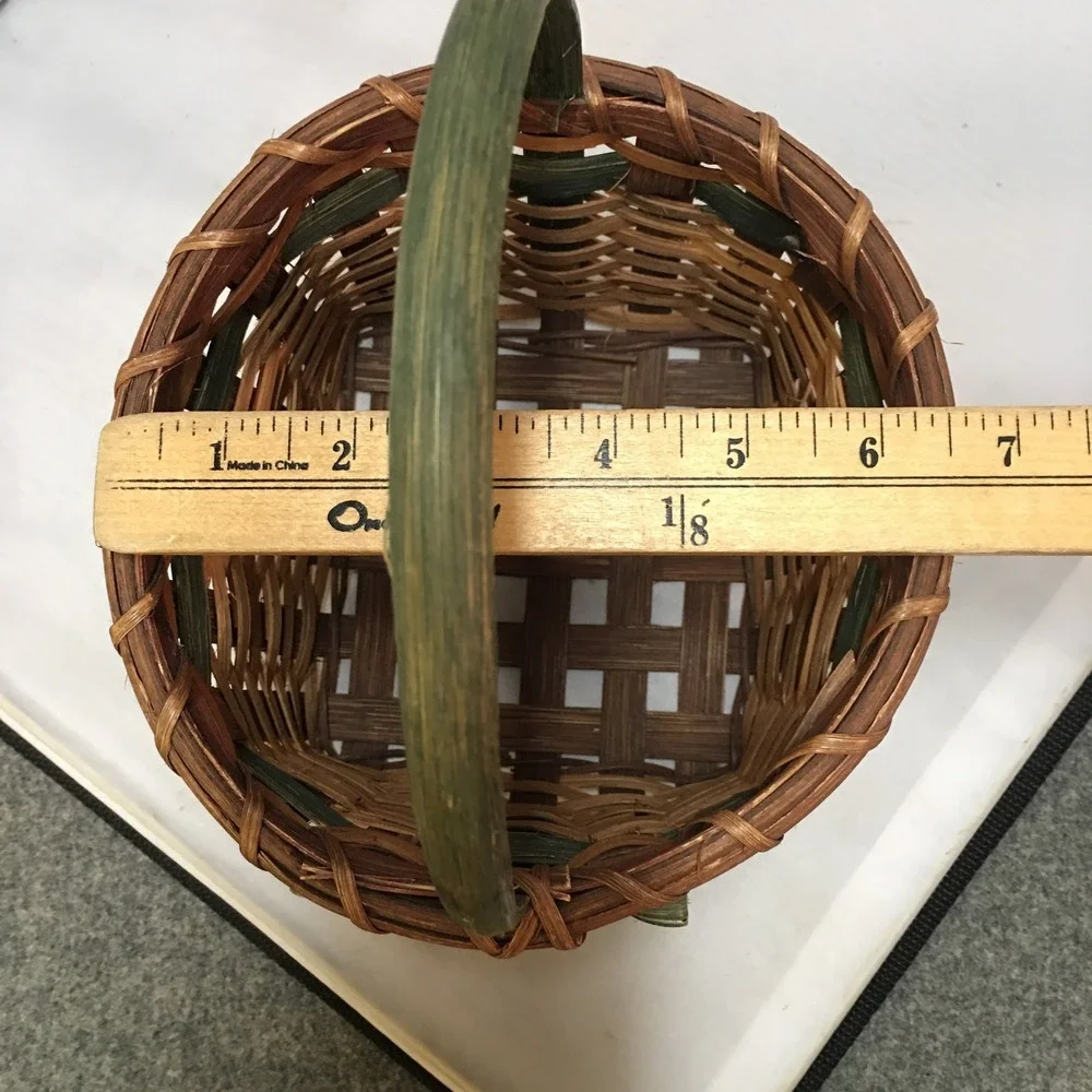 Woven Wood Basket Small Brown Green Bow Handle Rustic Decor Farmhouse Country